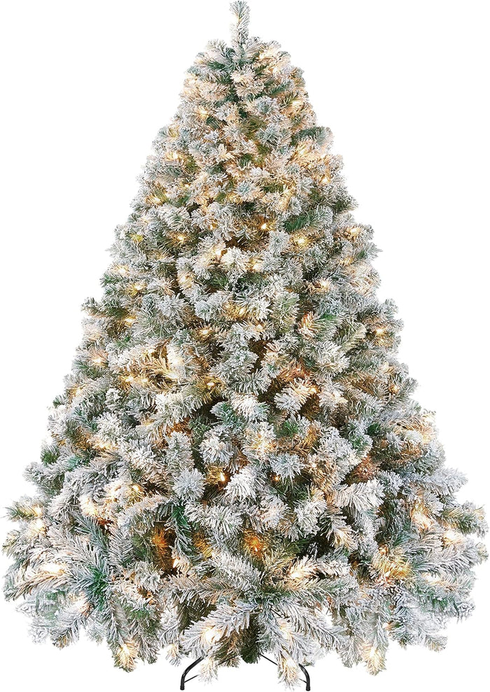 Yaheetech 4.5ft Pre-lit Artificial Christmas Tree with Incandescent Warm White Lights, Snow Flocked Full Prelighted Xmas Tree with 340 Branch Tips, 150 Incandescent Lights & Foldable Stand, Pink
