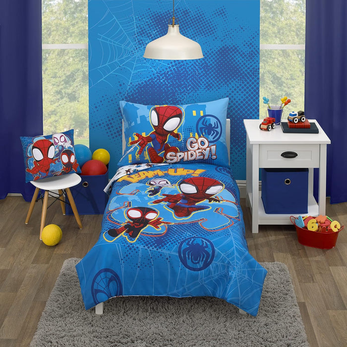 Disney Mickey's Big Adventure Blue, Red, Yellow & Green 4Piece Toddler Bed Set - Comforter, Fitted Bottom Sheet, Flat Top Sheet, Reversible Pillowcase, Blue, Red, Yellow, Green