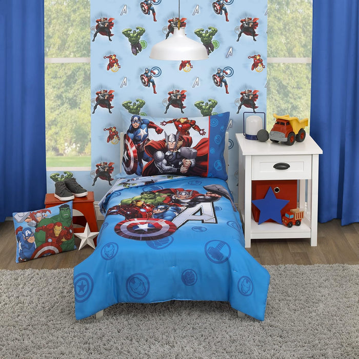 Disney Mickey's Big Adventure Blue, Red, Yellow & Green 4Piece Toddler Bed Set - Comforter, Fitted Bottom Sheet, Flat Top Sheet, Reversible Pillowcase, Blue, Red, Yellow, Green