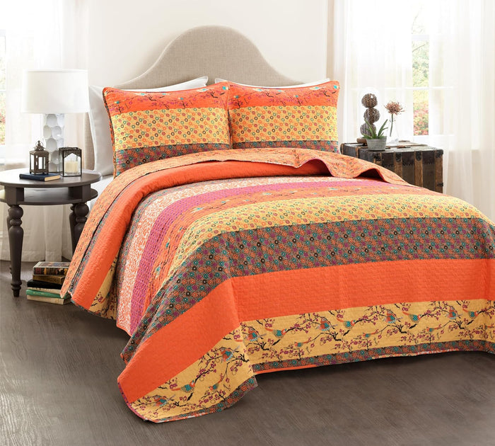 Lush Decor Royal Empire Reversible Cotton Quilt Set, 3 Piece Set King, Peacock - Striped Bedding Set - Floral Quilt King Size - Blue Bedding - Boho Decor