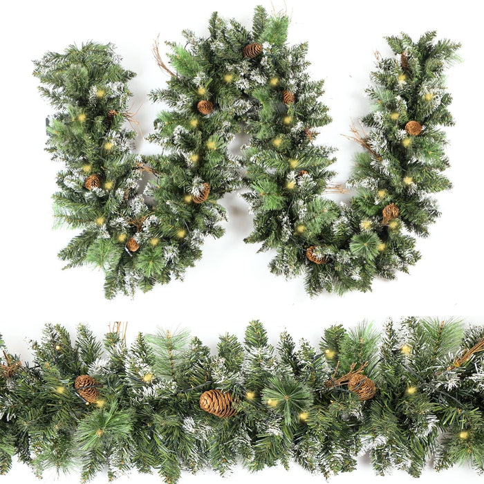 Christmas Garland Prelit 9 Ft Battery Operated with 50 Led Lights, Pine Cone and Snow Style Xmas Garland, Christmas Decor for Mantle StairIndoor Outdoor