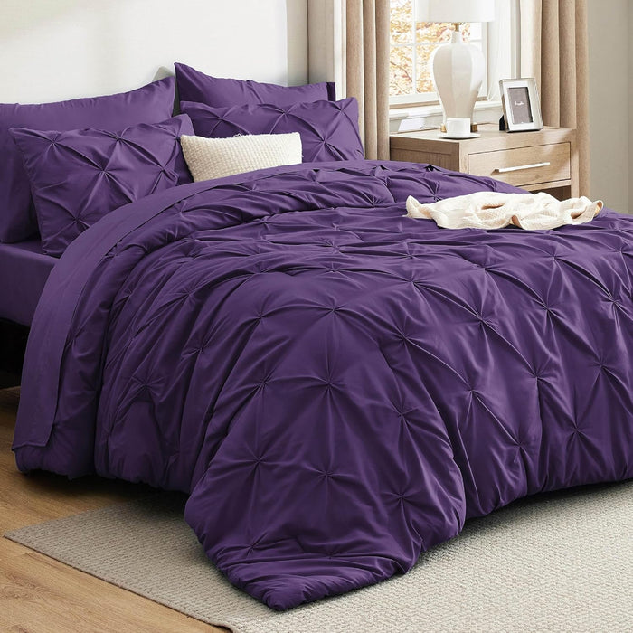 Bedsure Queen Comforter Set Beige - Bed in a Bag Queen Size Bedding 7 Pieces, GentleSoft™ Pintuck Bed Set Gift for Family, Pinch Pleat All Season Comforter with Sheets, Pillowcases & Shams