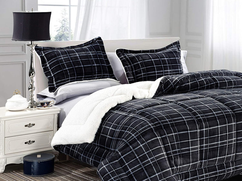 Elegant Comfort Softest, Coziest Heavy Weight Plaid Pattern Micromink Sherpa-Backing Premium Quality Down Down Alternative Micro-Suede 3-Piece Reversible Comforter Set, King/Cal King, Burgundy