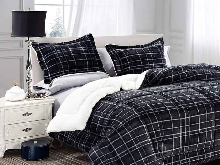Elegant Comfort Softest, Coziest Heavy Weight Plaid Pattern Micromink Sherpa-Backing Premium Quality Down Down Alternative Micro-Suede 3-Piece Reversible Comforter Set, King/Cal King, Burgundy
