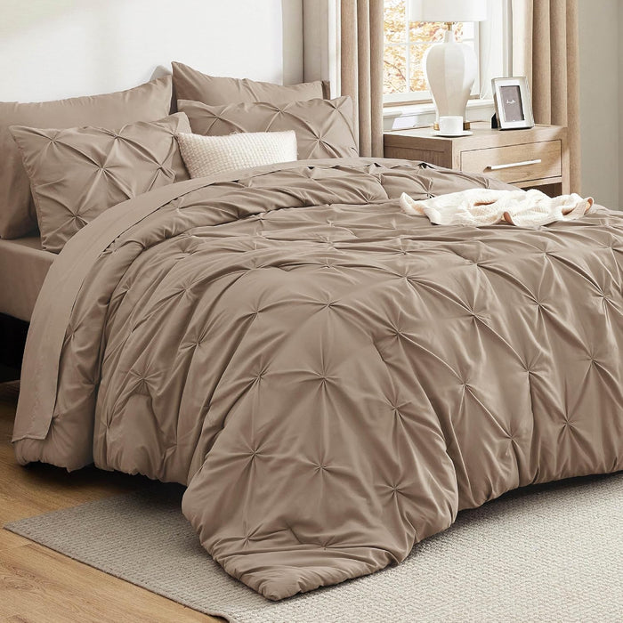 Bedsure Queen Comforter Set Beige - Bed in a Bag Queen Size Bedding 7 Pieces, GentleSoft™ Pintuck Bed Set Gift for Family, Pinch Pleat All Season Comforter with Sheets, Pillowcases & Shams