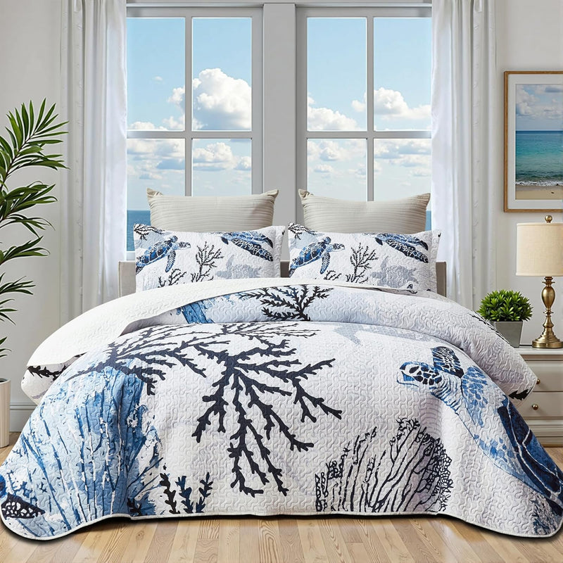 weesire Coastal Bedding Queen Size Coastal Quilt with 2 Shams, Nautical Beach Comforter Sets Ocean Bedspreads Blue Seahorse Coverlet Summer Bedding, 90''x96''