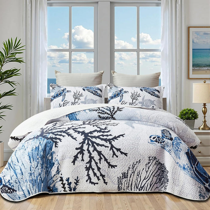 weesire Coastal Bedding Queen Size Coastal Quilt with 2 Shams, Nautical Beach Comforter Sets Ocean Bedspreads Blue Seahorse Coverlet Summer Bedding, 90''x96''