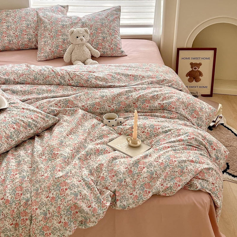 Girl Duvet Cover Twin Pink White Flower Print Bedding Sets Garden Style Floral Comforter Cotton Aesthetic Cover Chic Floral Bedroom Collection 1 Duvet Cover with 2 Pillowcases
