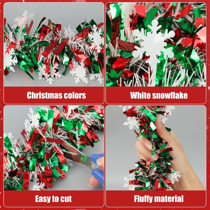50Ft Christmas Snowflake Tinsel Garland Red Green Metallic Twist Hanging Garland with Snowflake Glitter Thick Tinsel Garlands Xmas Tree Decorations for Xmas Tree Fireplace Home Indoor Outdoor Decor