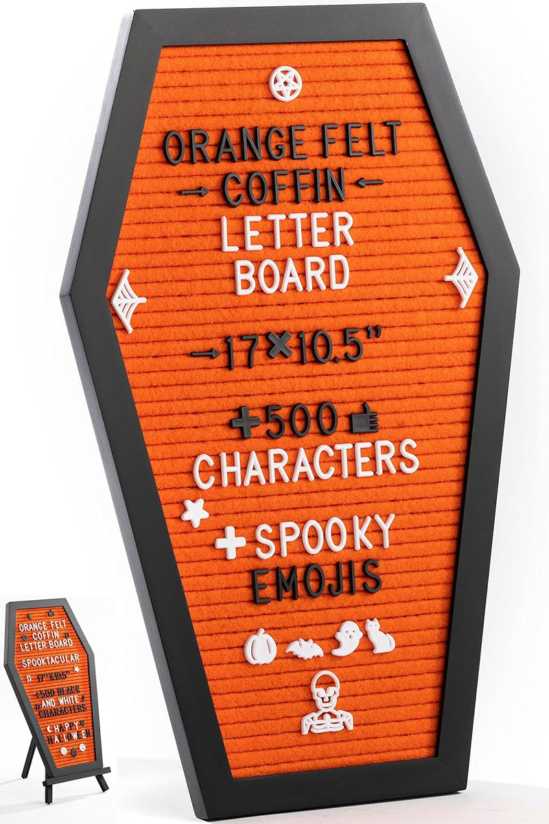 Coffin Letter Board Black +3D Bat Stickers +650 Characters, Spooky & Seasonal Emojis, Wooden Stand - 17x10.5 Inches - Coffin Shaped Goth Decor Sign Witchy Halloween Decorations Gothic Decor Birthday Wedding Home Spooky Gifts