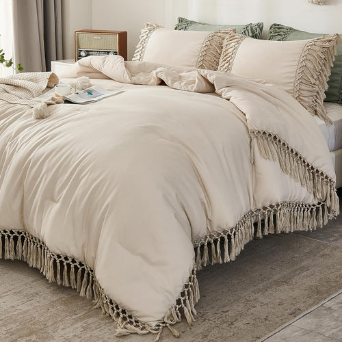 Andency Comforter Queen Size Set Beige, 3 Pieces Tassel Boho Lightweight Winter Bedding Comforters & Sets, All Season Bed Set (90x90In Comforter & 2 Pillowcases)