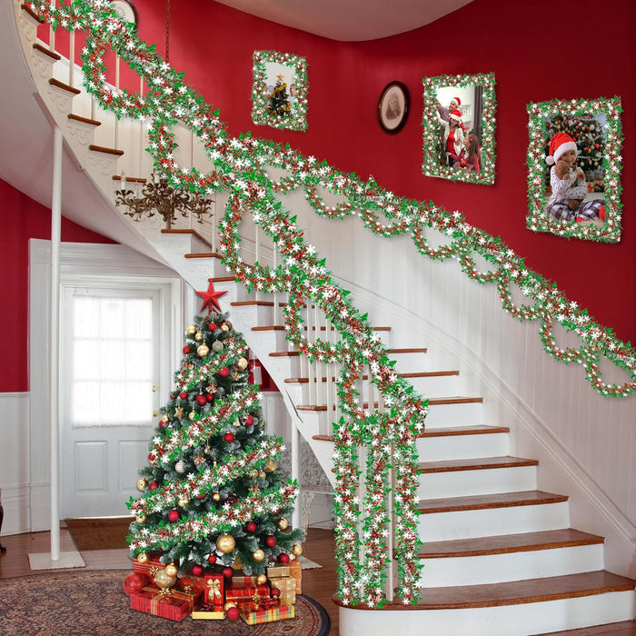 50 FT Christmas Decorations Tinsel Garland with Snowflake Christmas Tree, Red Green Silver Shiny Metallic Twist Christmas Garland for Home Tree Mantle Stairs Indoor Outdoor Holiday Xmas Party Decor