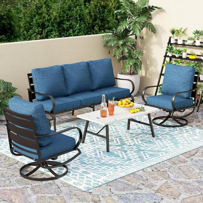 PHI VILLA 4 Piece Patio Furniture Sets for 5 Person with 1 x 3-Seat Deep Seating Bench, 2 x Cushioned Swivel Sofa Chairs & 1 x Coffee Table, Outdoor Metal Conversation Set for Lawn Garden, Red