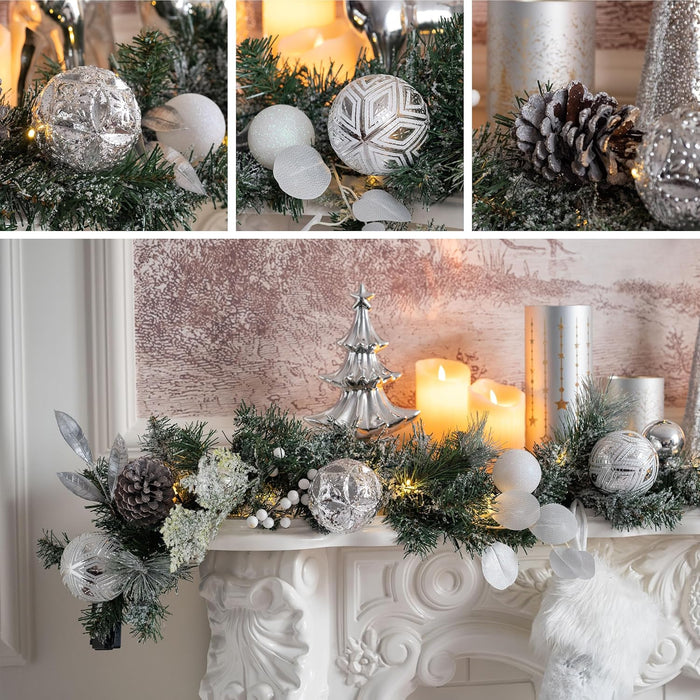 Valery Madelyn 6 Feet Pre-Lit Christmas Garland with Lights for Mantle, Lighted Outdoor Xmas Garland with Snowy White Ball Pinecones for Home Stairs Fireplace Table Centerpiece Indoor Holiday Decor
