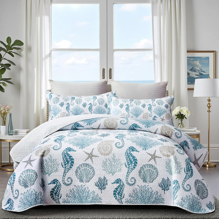weesire Coastal Bedding Queen Size Coastal Quilt with 2 Shams, Nautical Beach Comforter Sets Ocean Bedspreads Blue Seahorse Coverlet Summer Bedding, 90''x96''