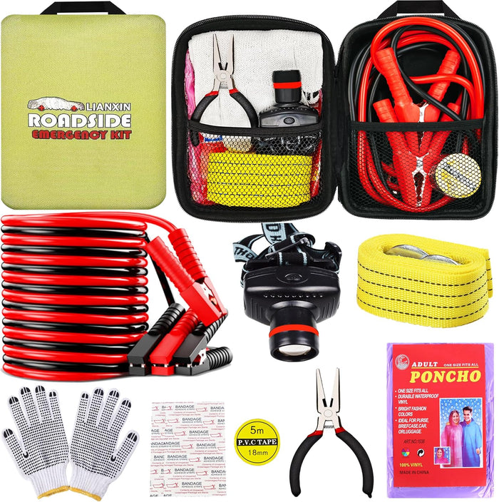 Car Roadside Emergency Kit, with Jumper Cables Automotive Kit,Car Safety Roadside Assistance Kit Headlamp,Tow Straps, Safety Hammers, Rainwear, Gloves.Black