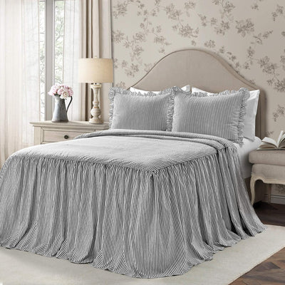 Lush Decor Ticking Stripe Bedspread Black Vintage Chic Farmhouse Style Lightweight 3 Piece Set, Queen