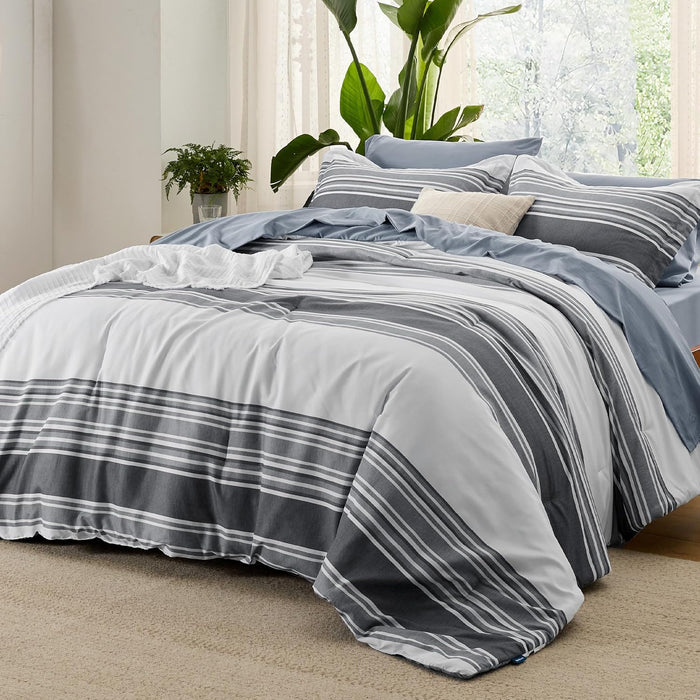 Bedsure Twin Comforter Set 5 Pieces, Blue Striped Bedding Set for All Seasons, Reversible, Cationic Dyeing Bed in a Bag with Comforter, Sheets, Pillowcase & Sham