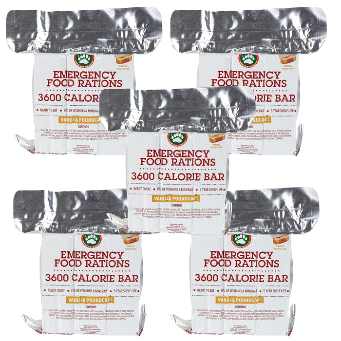 Emergency Food Rations- 3600 Calorie Vanilla Poundcake Bar (5 Pack) - 15 Day, 360 Hour Value Supply For Disaster, Hurricane - Less Sugar, More Nutrients - 5 Year Shelf Life