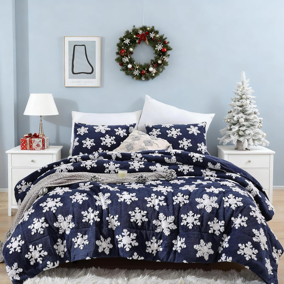 JANZAA Christmas Bedding Full Size Comforter Sets Velvet Pink Comforter Set with White Snowflake Stereoscopic 3 Pieces Full Size Bedding Sets Soft and Fluffy