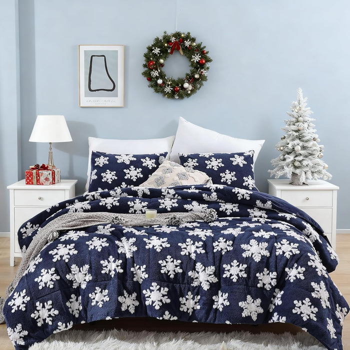 JANZAA Christmas Bedding Full Size Comforter Sets Velvet Pink Comforter Set with White Snowflake Stereoscopic 3 Pieces Full Size Bedding Sets Soft and Fluffy