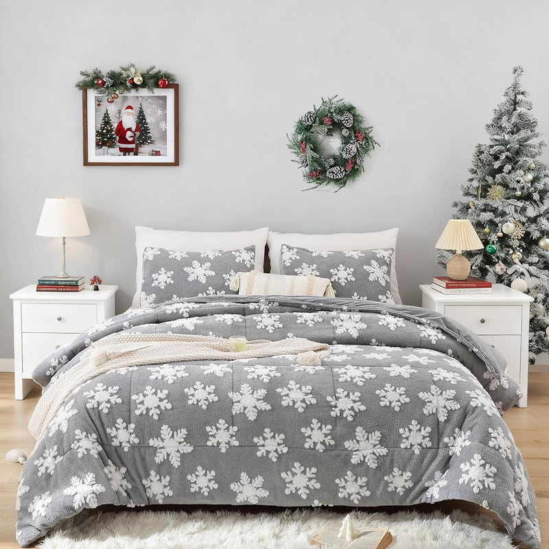 JANZAA Christmas Bedding Full Size Comforter Sets Velvet Pink Comforter Set with White Snowflake Stereoscopic 3 Pieces Full Size Bedding Sets Soft and Fluffy