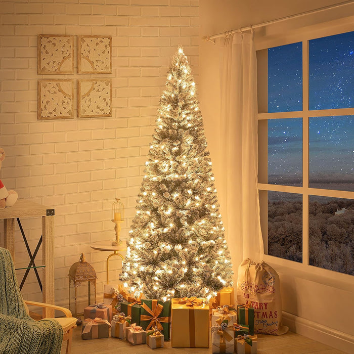 Naomi Home Salzburg 9ft Frosted Prelit Slim Artificial Christmas Tree with 1455 Branch Tips, 500 Warm Lights and Metal Stand, 37" Wide Realistic Snow Flocked Skinny Pencil Christmas Tree