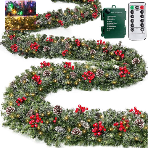 Auto Timer & 8 Modes 9Ft by 10 Inch 50 LED Prelit Christmas Garland Decorations Warm Lights Thick 270 Lifelike Snowy Tips 70 Red Berries 10 Pinecones Xmas Garland Fireplace Door Stairs Home Outdoor