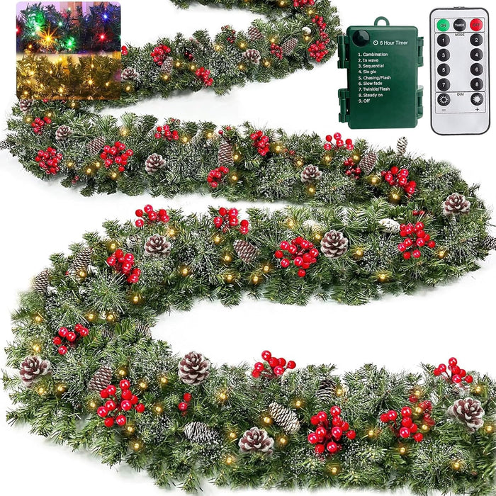 Auto Timer & 8 Modes 9Ft by 10 Inch 50 LED Prelit Christmas Garland Decorations Warm Lights Thick 270 Lifelike Snowy Tips 70 Red Berries 10 Pinecones Xmas Garland Fireplace Door Stairs Home Outdoor