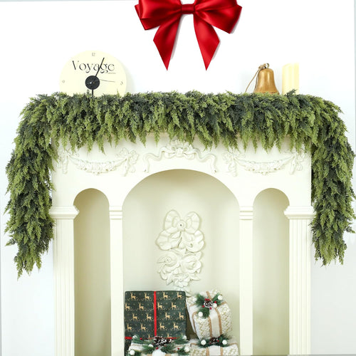 9FT 1Pcs Christmas Cedar Garland Artificial Realistic Soft Thick Green Faux Lush Cedar Pine Garland for Fireplace Mantel Stairs Doorframe Table Porch Indoor Outdoor Holiday Decor