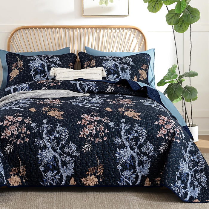 WONGS BEDDING Floral Quilt Set Queen,3 Piece Brown Botanical Leaf & Butterfly Pattern Bedspread Coverlet Set,Soft Beautiful Farmhouse Plants Quilts Bedding Set