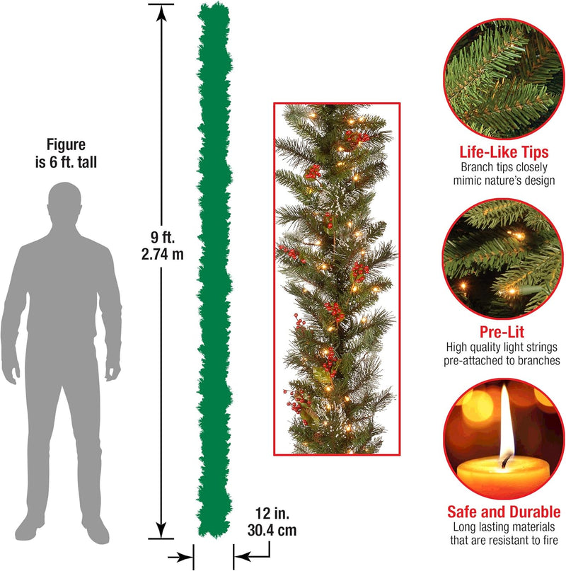 National Tree Company Pre-Lit Artificial Christmas Garland, Green, Wintry Pine, White Lights, Decorated with Pine Cones, Berry Clusters, Plug In, Christmas Collection, 9 Feet
