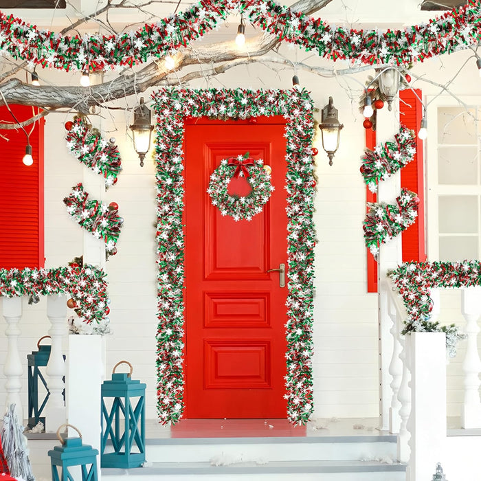 50Ft Christmas Snowflake Tinsel Garland Red Green Metallic Twist Hanging Garland with Snowflake Glitter Thick Tinsel Garlands Xmas Tree Decorations for Xmas Tree Fireplace Home Indoor Outdoor Decor