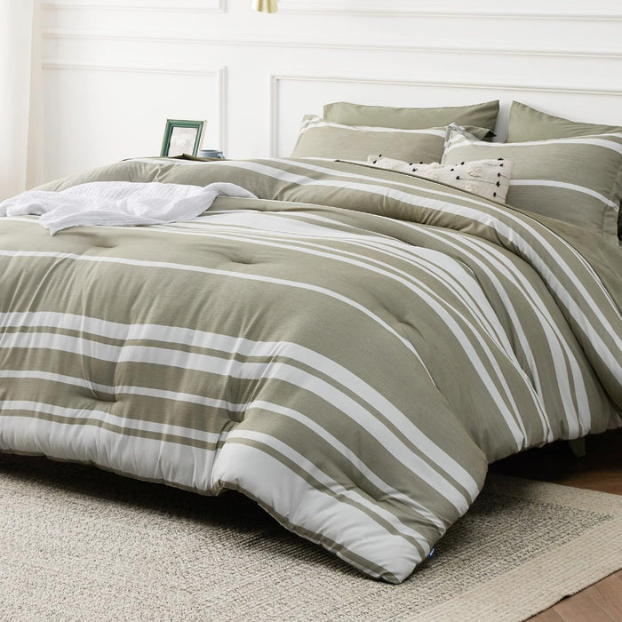 Bedsure Queen Comforter Set 7 Pieces, Frost Grey Striped Bedding Set for All Seasons, Reversible, Cationic Dyeing Bed in a Bag with Comforter, Sheets, Pillowcases & Shams