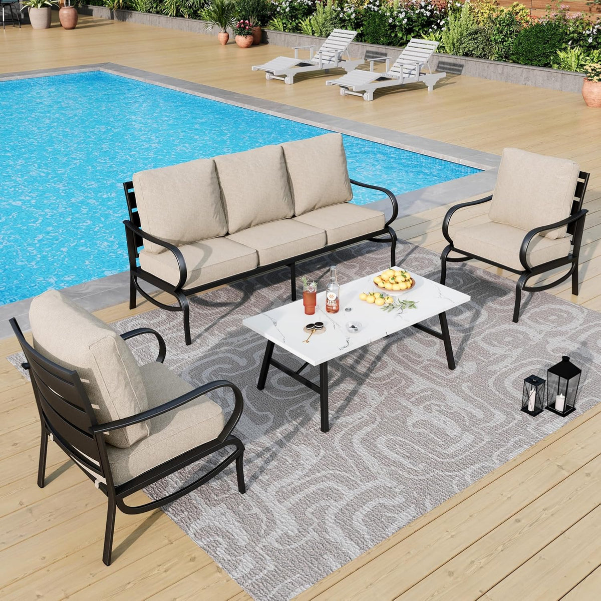 PHI VILLA 4 Piece Patio Furniture Sets for 5 Person with 1 x 3-Seat Deep Seating Bench, 2 x Cushioned Swivel Sofa Chairs & 1 x Coffee Table, Outdoor Metal Conversation Set for Lawn Garden, Red