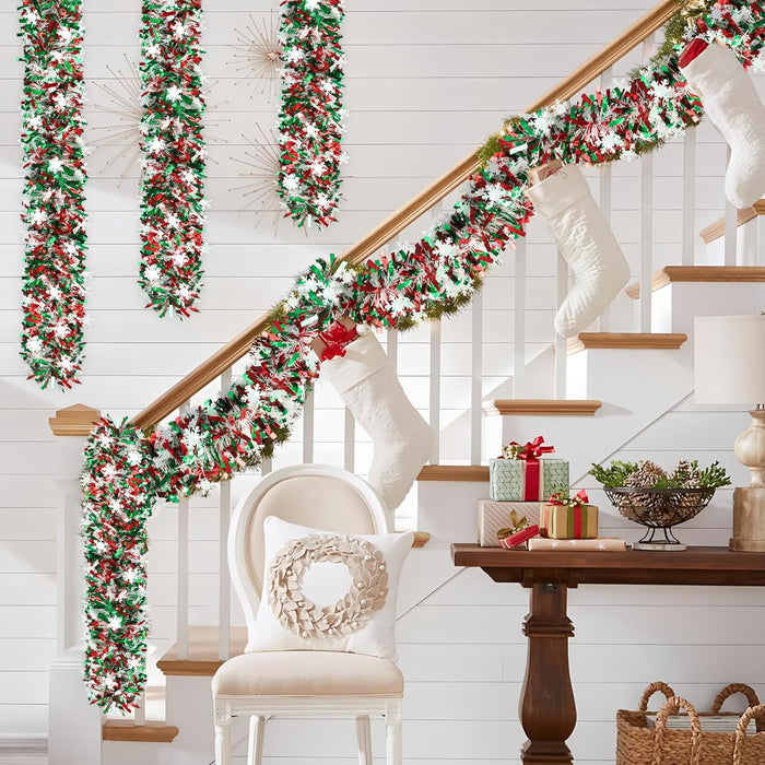 50Ft Christmas Snowflake Tinsel Garland Red Green Metallic Twist Hanging Garland with Snowflake Glitter Thick Tinsel Garlands Xmas Tree Decorations for Xmas Tree Fireplace Home Indoor Outdoor Decor