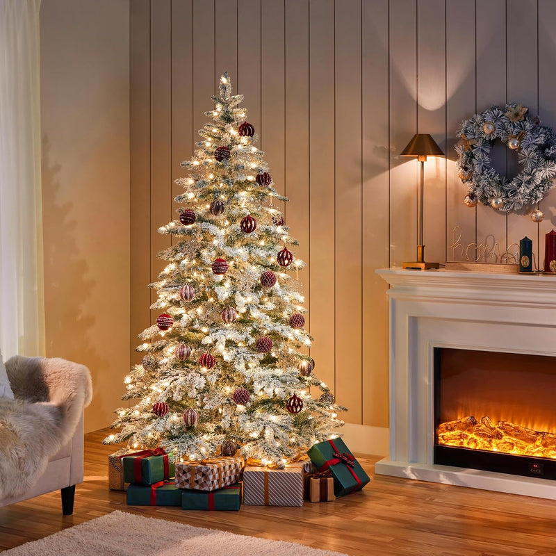 Yaheetech 6ft Pre-Lit Artificial Christmas Tree with 400 Warm White LED Lights & 940 PVC Tips,Hinged Snow Flocked Xmas Tree with Foldable Stand & Protective Foot Caps,Green & White