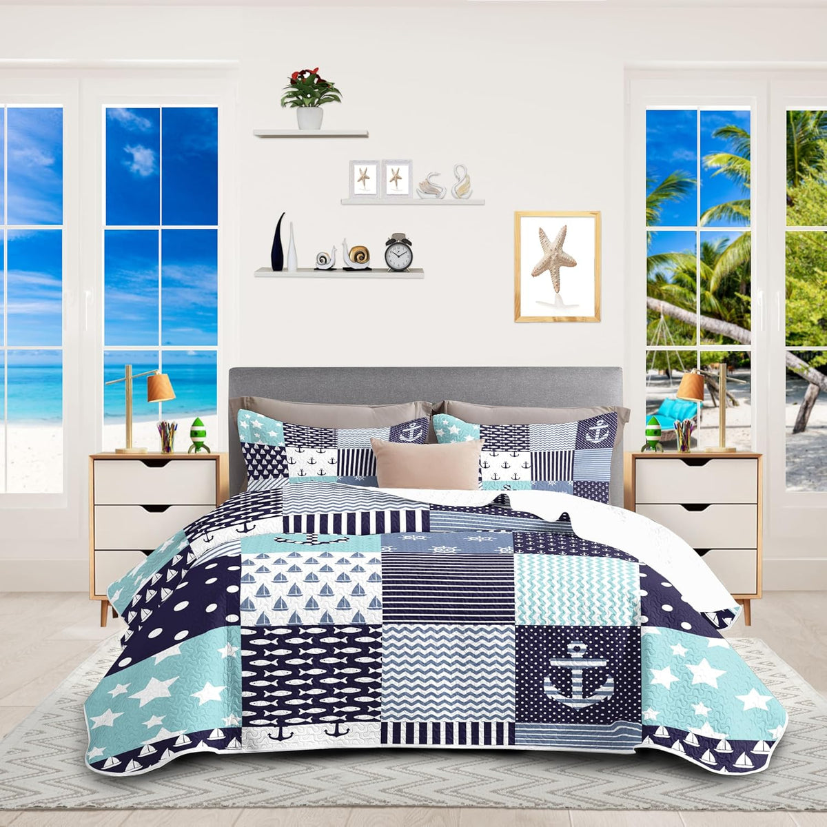 weesire Coastal Bedding Queen Size Coastal Quilt with 2 Shams, Nautical Beach Comforter Sets Ocean Bedspreads Blue Seahorse Coverlet Summer Bedding, 90''x96''