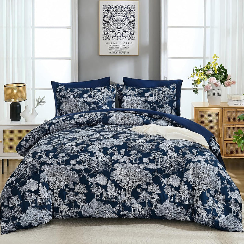 DJY Blue Comforter Set King, 7 Pieces Bed in a Bag King Size Botanical Comforters with Sheets Elegant Plants Print Soft Microfiber Reversible Complete Bedding Sets for All Season