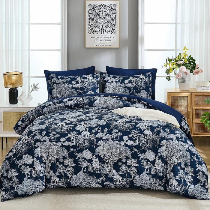 DJY Blue Comforter Set Full, 7 Pieces Full Size Flower Comforters with Sheets Elegant Plants Print Bed in a Bag Soft Microfiber Reversible Complete Bedding Sets for All Season