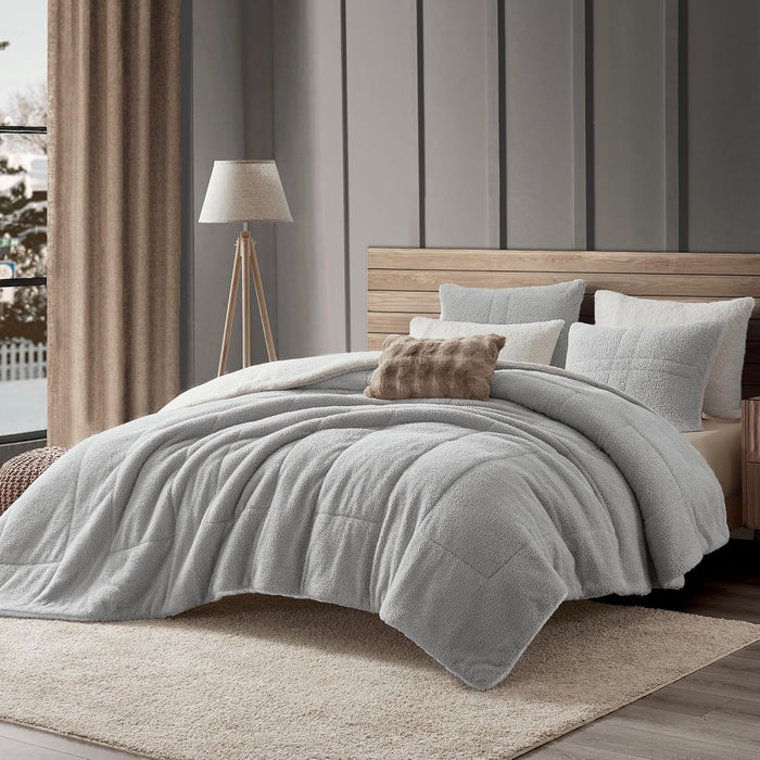 Wonderful 3 Pieces Fluffy Faux Rabbit Fur Bubble Comforter Set King Size, Tie-Dyeing Multiple Grey Plush Fuzzy Bedding Set, Warm Soft Bubble Comforter Bedding Set for Winter