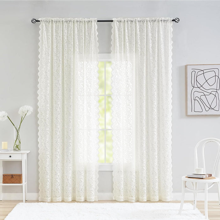 ALIGOGO Burgundy Curtains 84 Inches Long 2 Panels, Cottage Lace Sheer Maroon Curtains for Living Room, Farmhouse Rod Pocket Privacy Floral Scalloped Edges Burgundy Drapes, 52W x 84L Inch