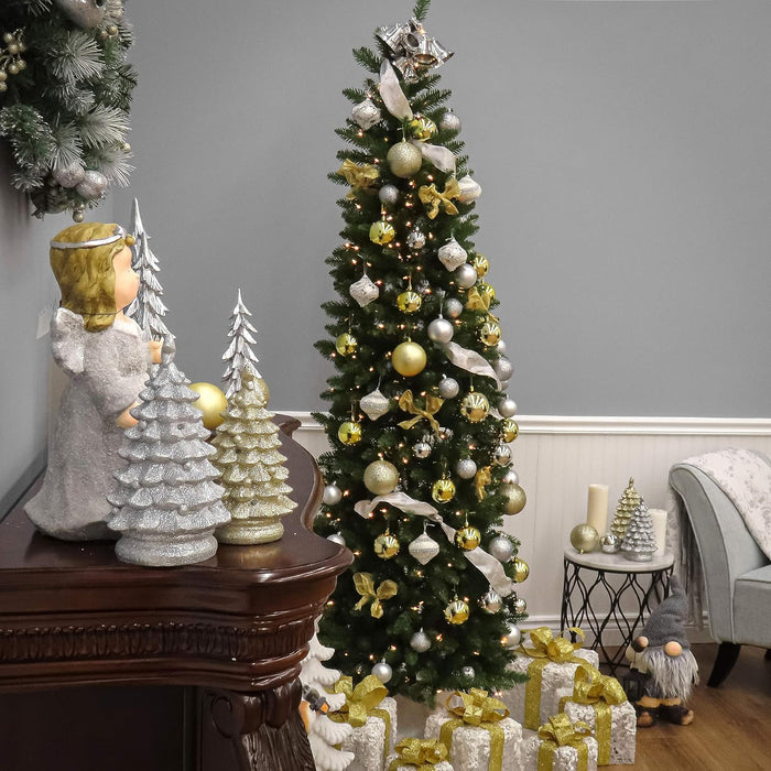 National Tree Company Artificial Pre-Lit Slim Christmas Tree, Green, Kingswood Fir, White Lights, Includes Stand, 6.5 Feet