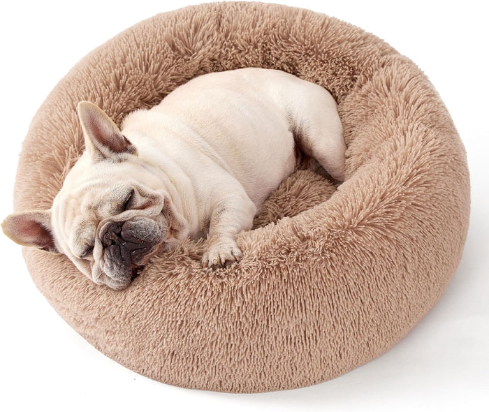 Bedsure Calming Dog Bed for Small Dogs - Donut Washable Small Puppy Bed, 23 inches Anti-Slip Round Fluffy Plush Faux Fur Large Cat Bed, Fits up to 25 lbs Pets, Camel