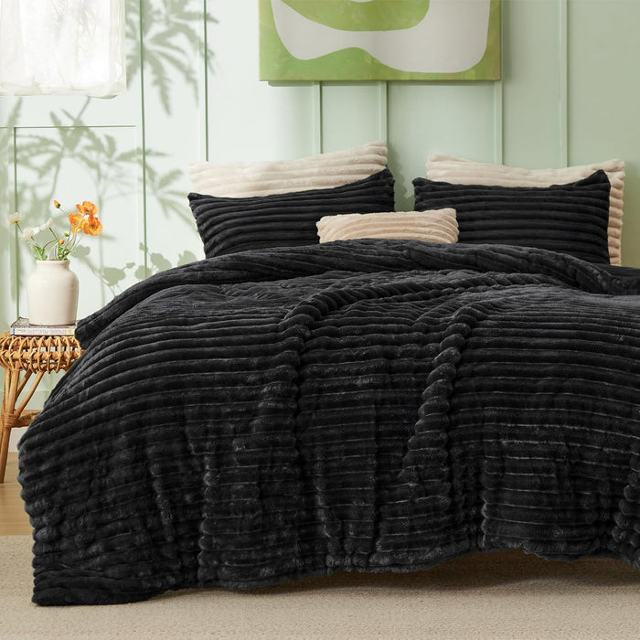 Bedsure Fluffy Comforter Set Queen - Super Soft Faux Fur Bed Set Cream White, All Seasons Warm Plush Fleece Bedding, 3 Pieces, 1 Shaggy Fuzzy Queen Size Comforter with 2 Pillowcases