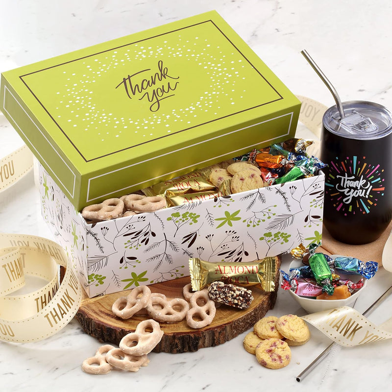 Broadway Basketeers Thank You Chocolate and Sweets Gift Box with a large 16oz. Insulated Thank You Gift Mug Express Your Wishes with This Fun Filled Gift Box with Mom Dad Friends