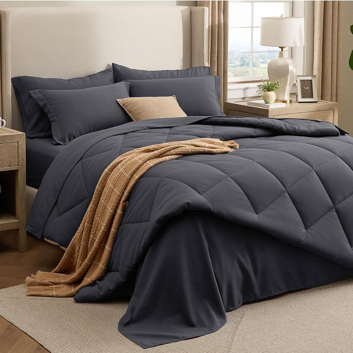 Bedsure 7 Pieces Queen Comforter Set Premium Series, Hotel Luxury Soft Bed in a Bag, Goose Down Alternative, Safe for Sensitive Skin Bedding Comforter All Season Medium Warmth, Black Queen Size,