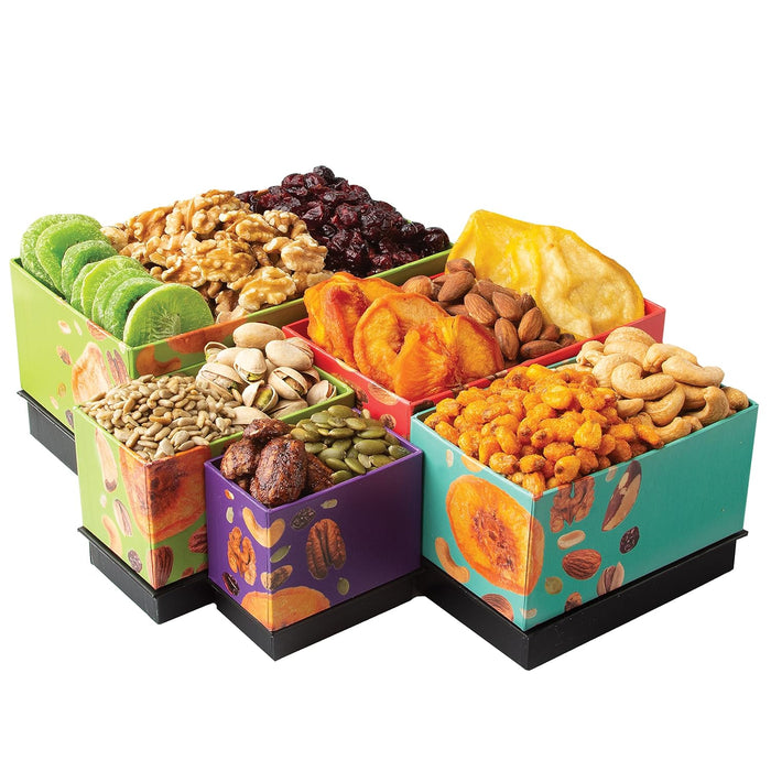 Oh! Nuts 5 Tier Gift Tower - 12 Assorted Dried Fruits and Nuts Gift Basket - Gourmet Healthy Snack Boxes for Holiday, Birthday, Thank You, Corporate Gifting, Parties & Family Celebrations