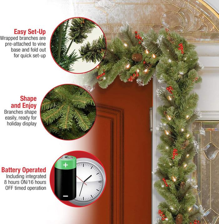 National Tree Company Pre-Lit Artificial Christmas Garland, Green, Crestwood Spruce, White Lights, Decorated with Glitter, Pinecones, Berry Clusters, Battery Operated, Christmas Collection, 9 Feet