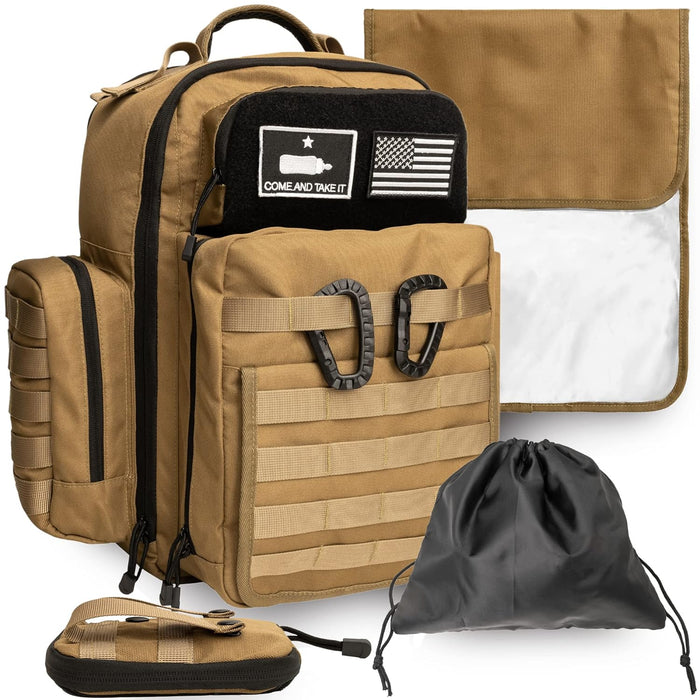 Dad Diaper Bag - Molle-Style Military Diaper Backpack Made of Rugged 900D Waterproof Polyester with Wider Extra-Long Straps, Pouch for Dirty Diapers, Baby Wipes Dispenser & Insulated Bottle Pockets
